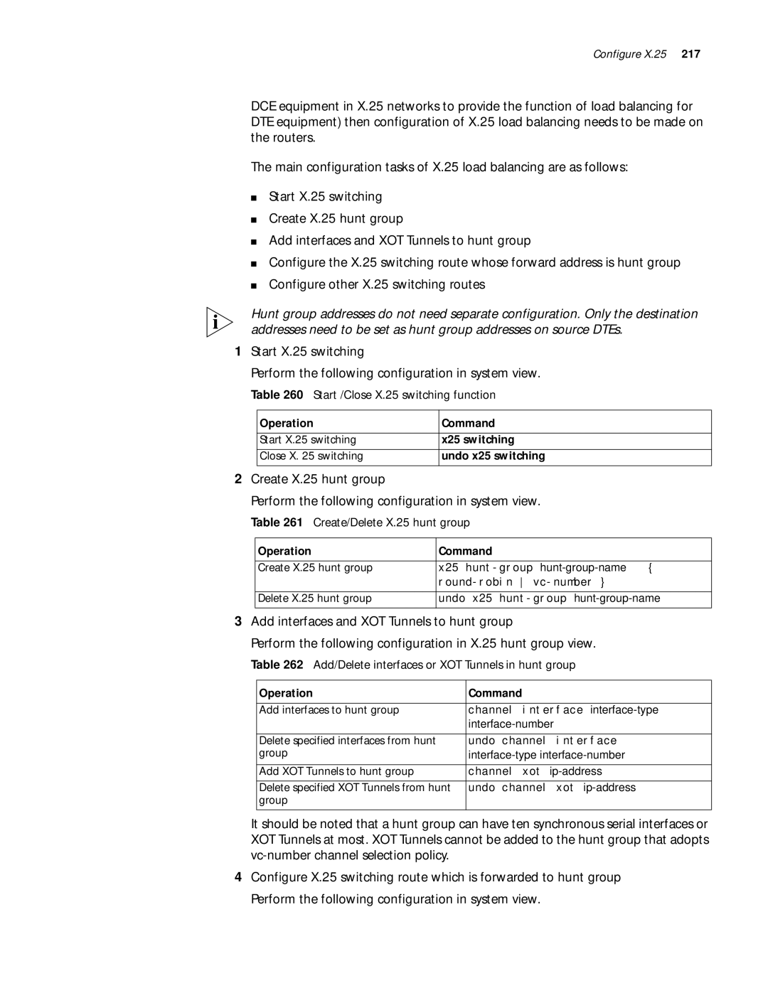 3Com 10014299 manual Start /Close X.25 switching function, Create/Delete X.25 hunt group 