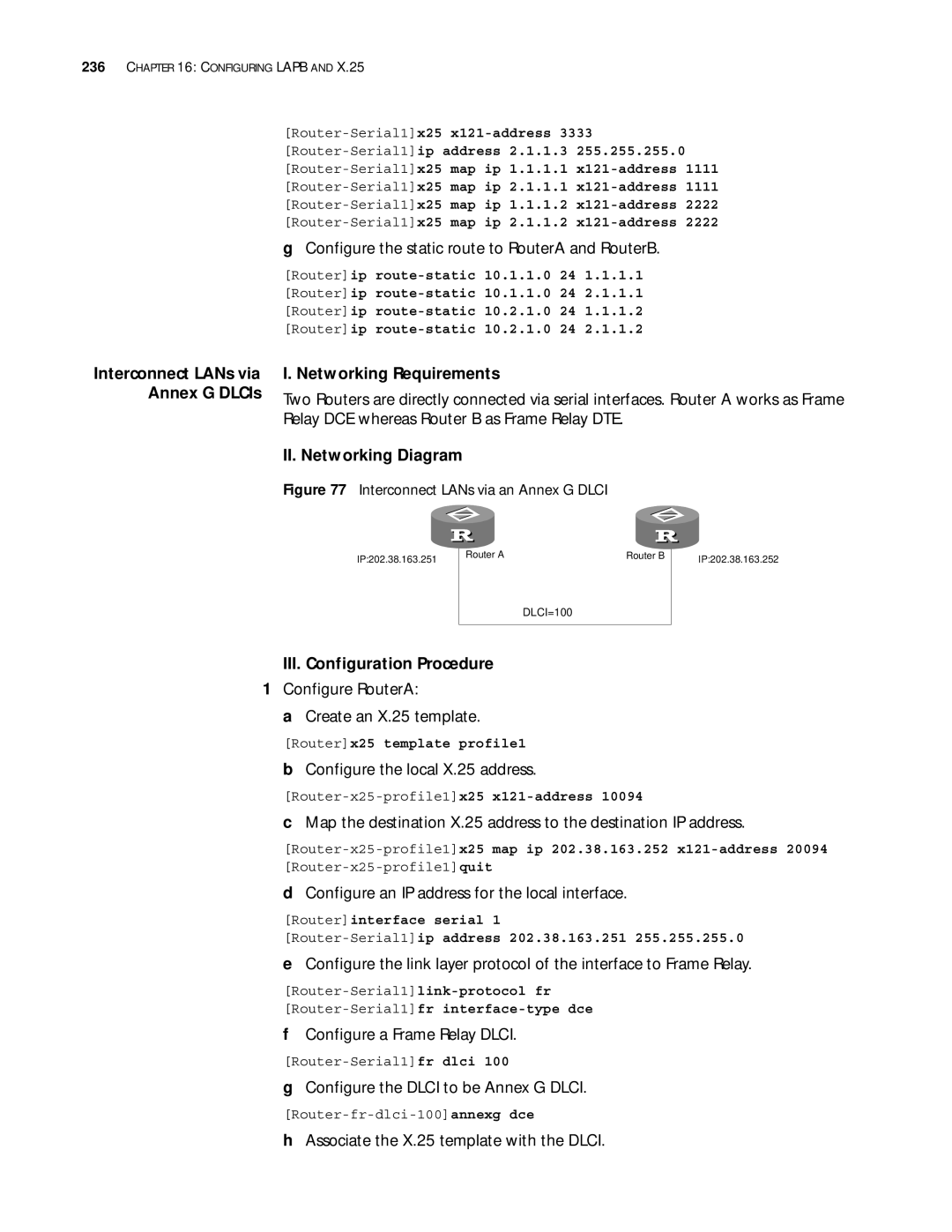 3Com 10014299 manual Configure the static route to RouterA and RouterB, Configure RouterA Create an X.25 template 