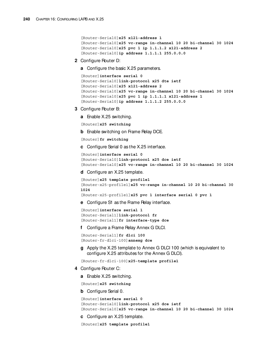 3Com 10014299 manual Configure Router D Configure the basic X.25 parameters, Configure Router B Enable X.25 switching 