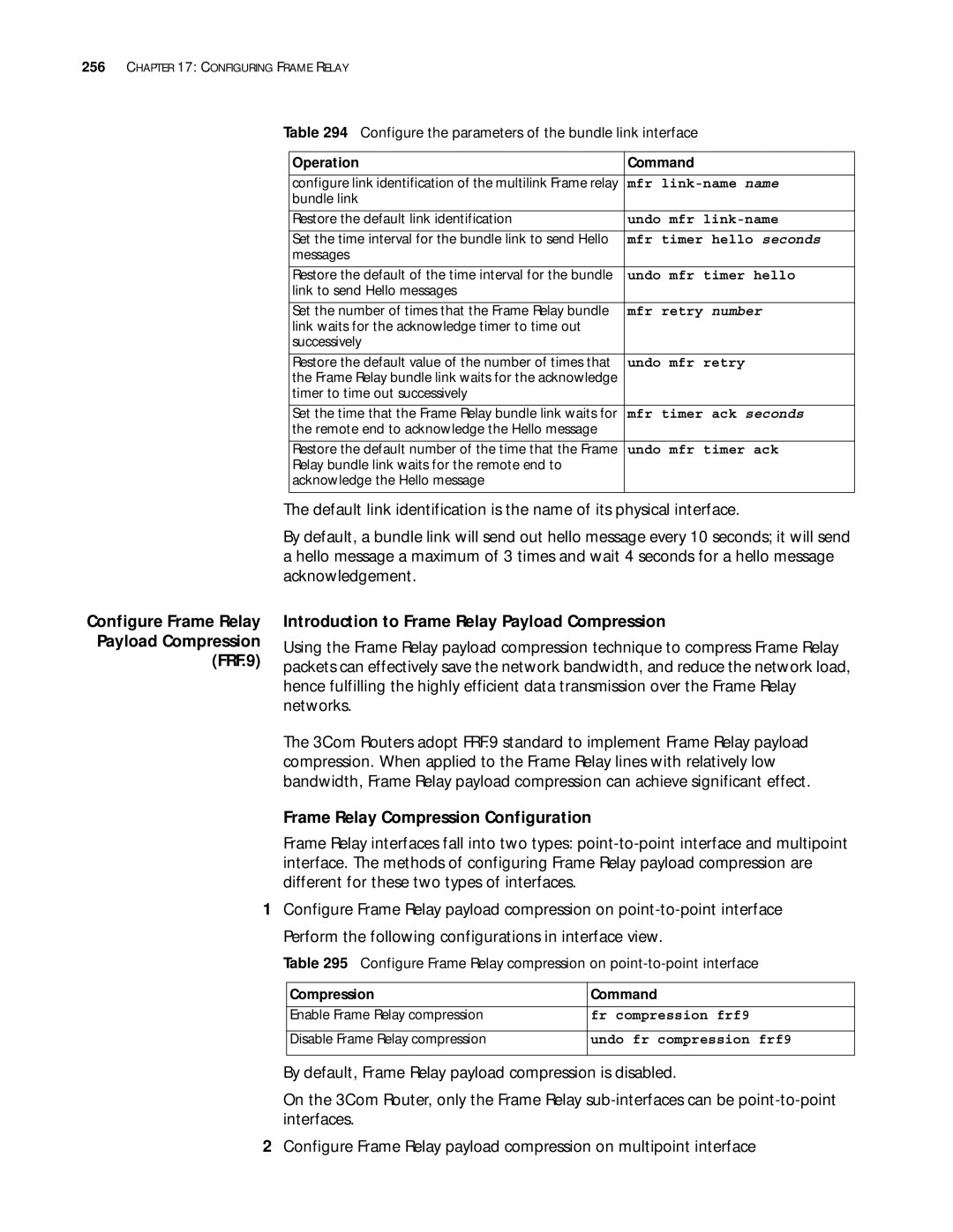 3Com 10014299 manual Frame Relay Compression Configuration, Configure the parameters of the bundle link interface 