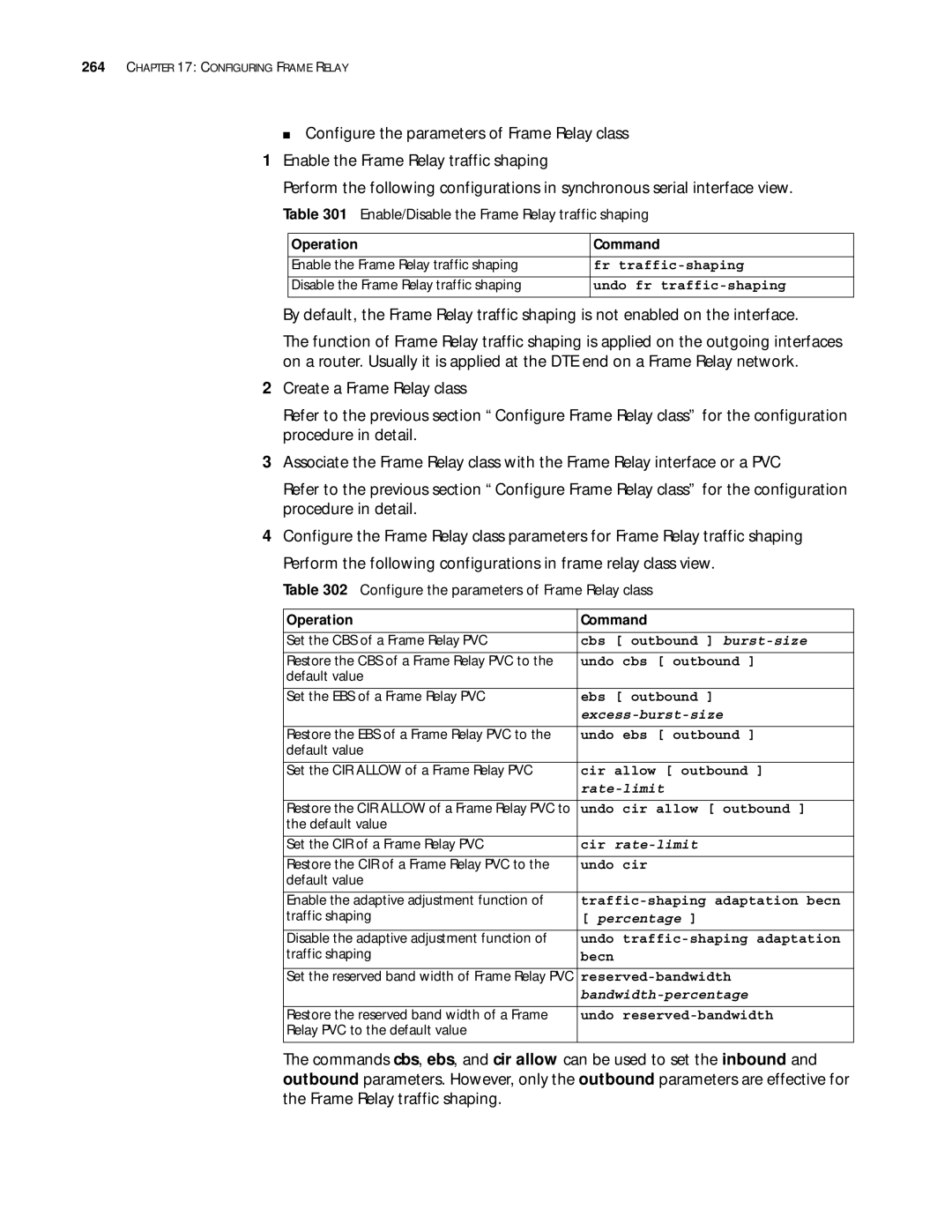 3Com 10014299 manual Enable/Disable the Frame Relay traffic shaping, Configure the parameters of Frame Relay class 