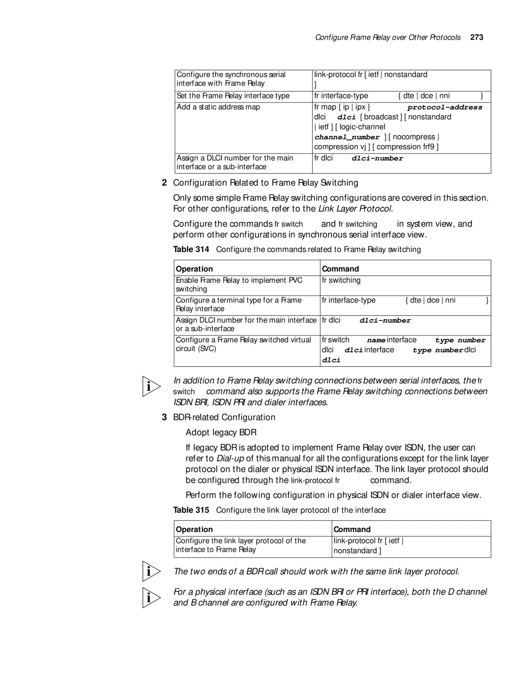 3Com 10014299 Configure the commands related to Frame Relay switching, Configure the link layer protocol of the interface 