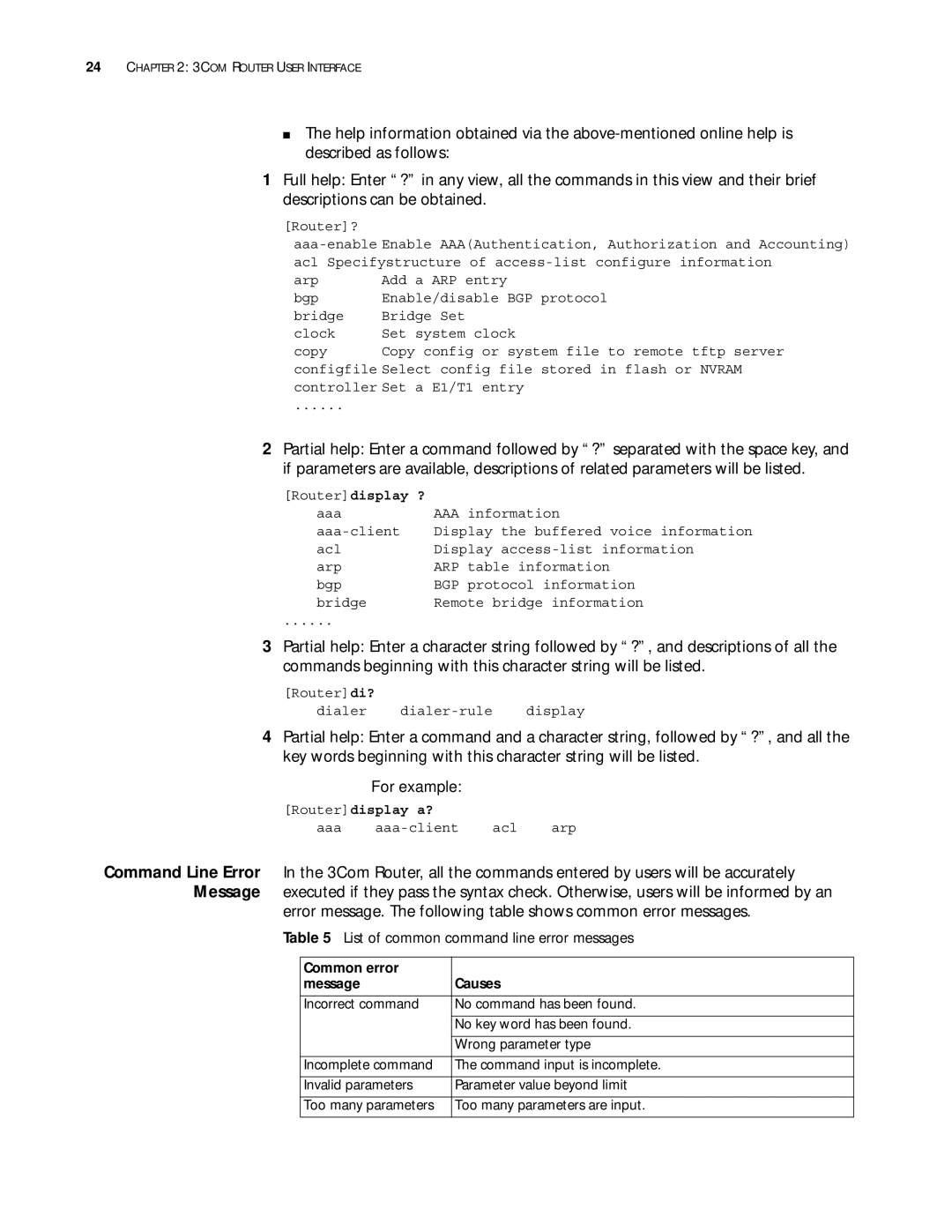 3Com 10014299 manual For example, List of common command line error messages, Routerdisplay ?, Routerdisplay a? 