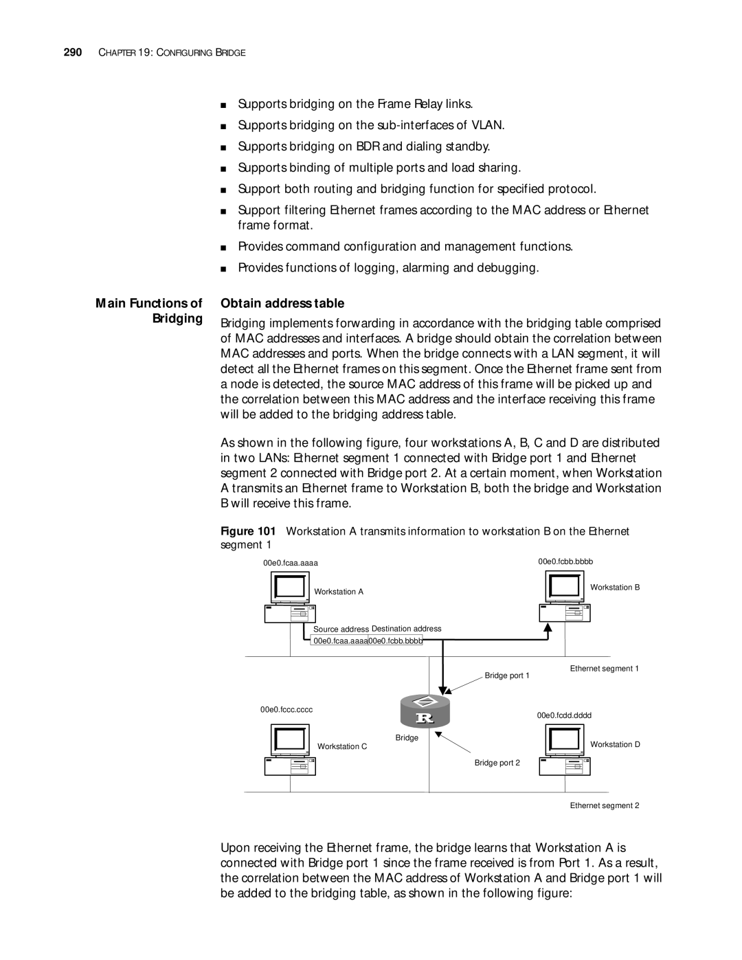 3Com 10014299 manual Obtain address table, Main Functions of Bridging 