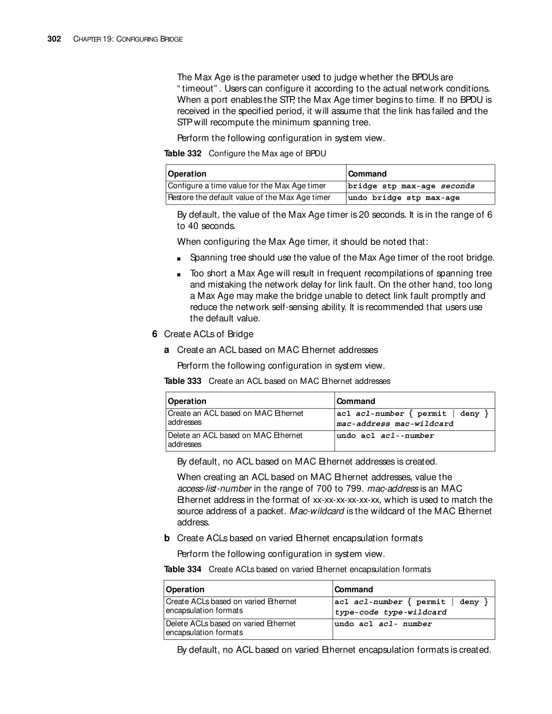 3Com 10014299 manual Configure the Max age of Bpdu, Create ACLs based on varied Ethernet encapsulation formats 