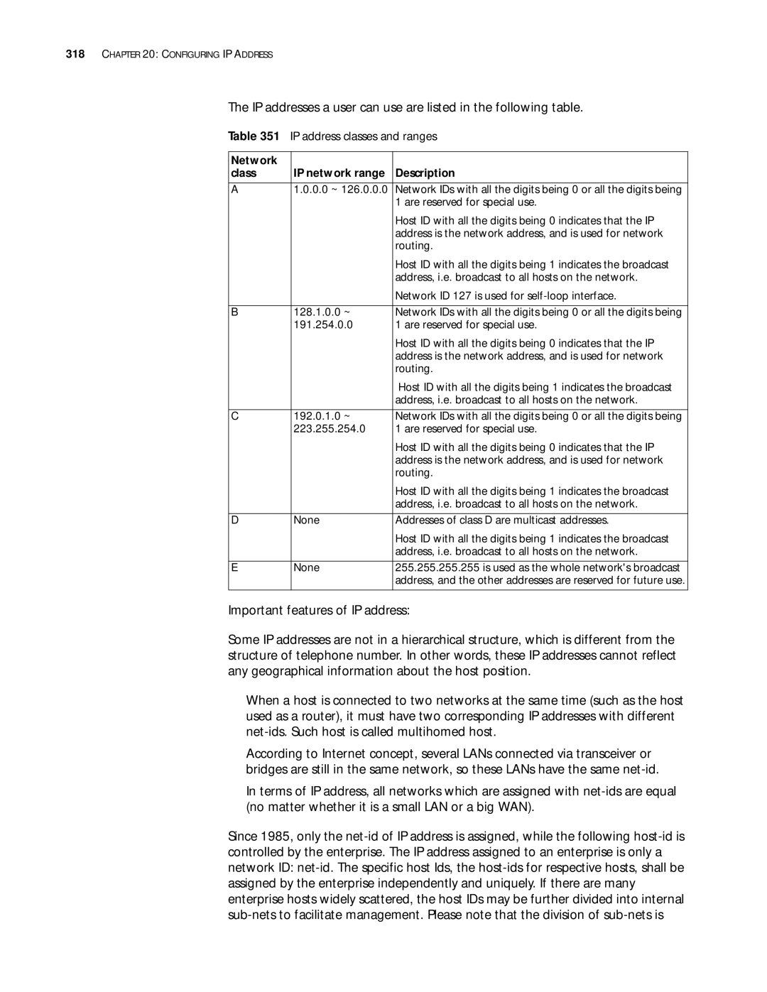 3Com 10014299 manual IP address classes and ranges, Network IP network range Description Class 