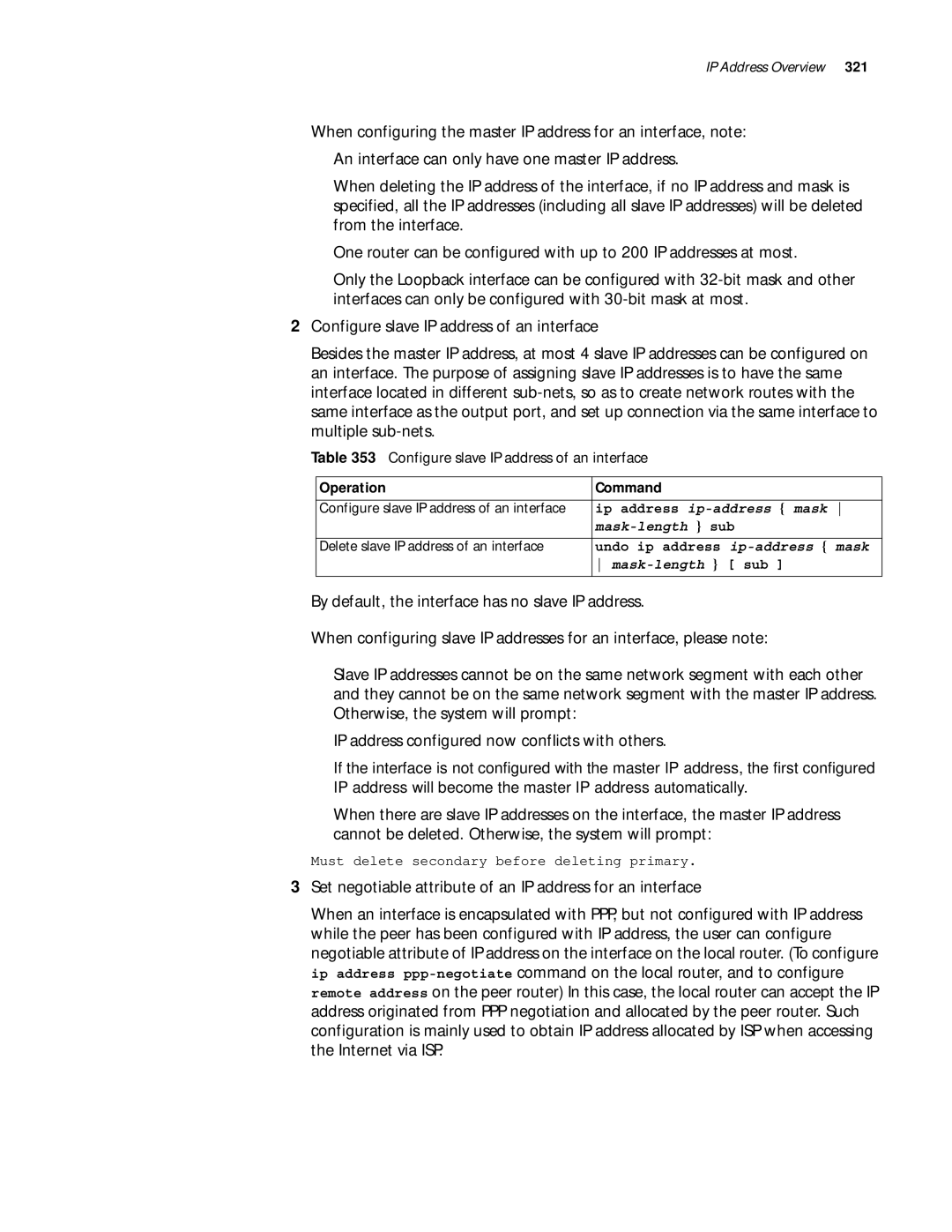 3Com 10014299 manual Configure slave IP address of an interface, Ip address ip-address mask Mask-length sub 