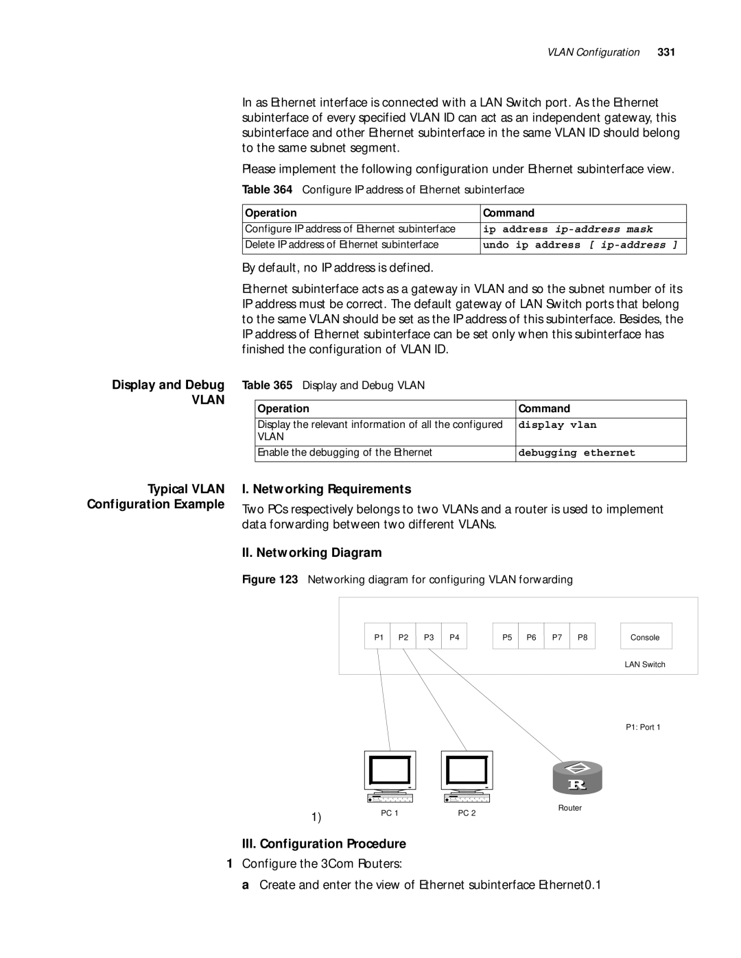 3Com 10014299 manual Configure IP address of Ethernet subinterface, Display and Debug Display and Debug Vlan, Display vlan 