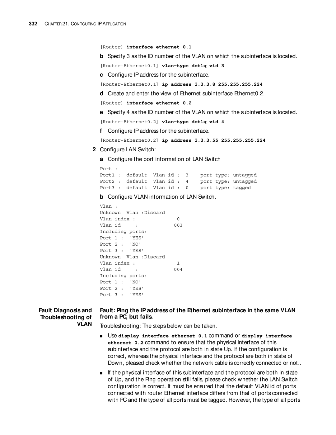 3Com 10014299 manual Configure IP address for the subinterface, Configure Vlan information of LAN Switch 