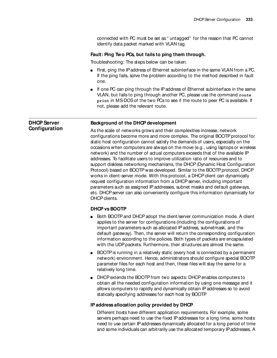 3Com 10014299 manual Dhcp Server Configuration, Fault Ping Two PCs, but fails to ping them through, Dhcp vs Bootp 