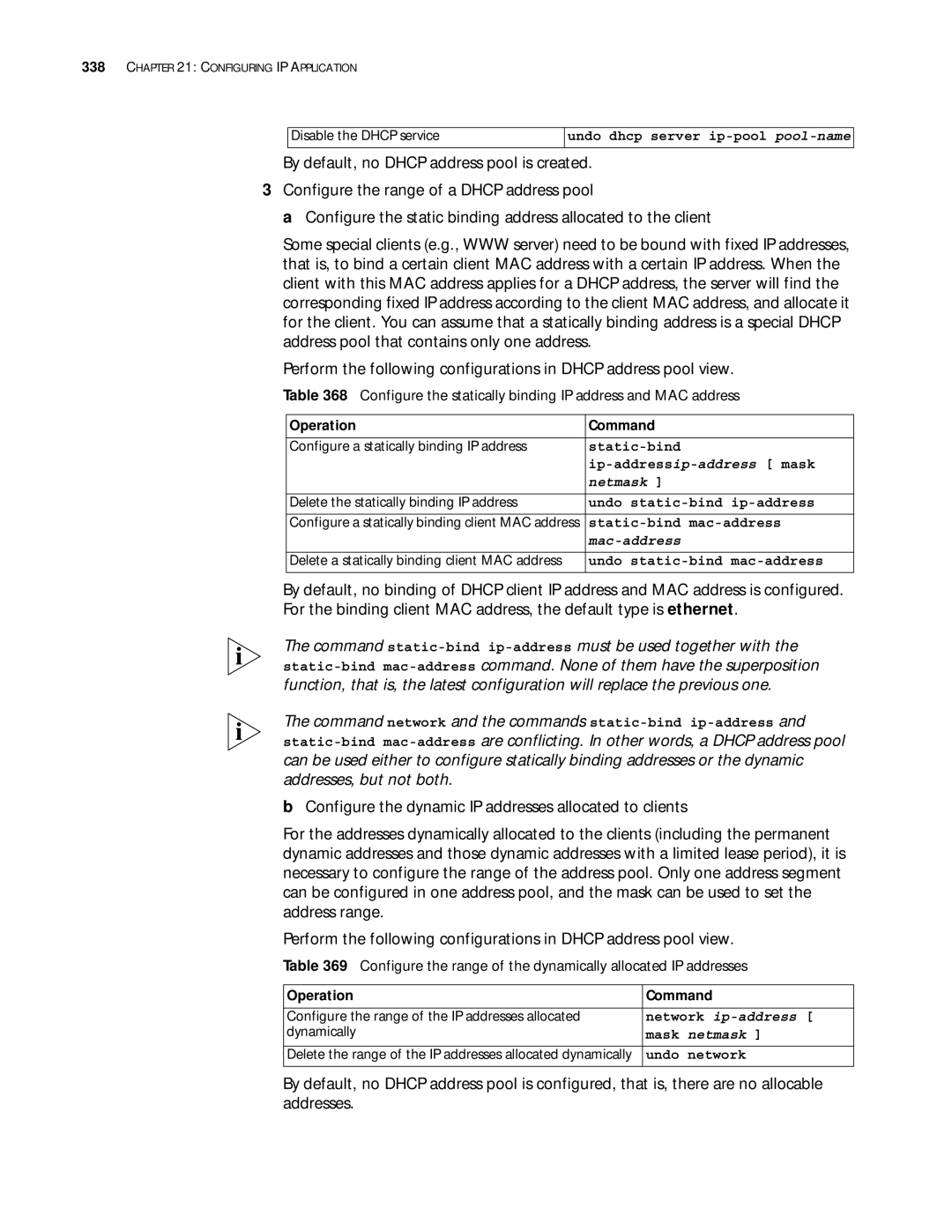 3Com 10014299 manual Configure the statically binding IP address and MAC address, Netmask, Network ip-address 