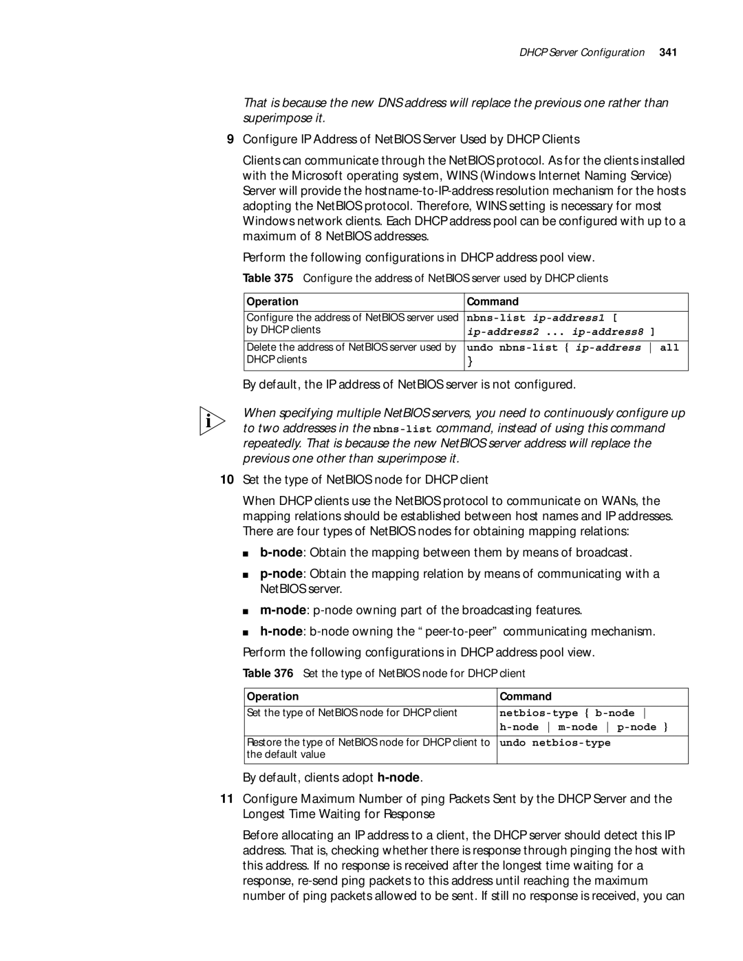 3Com 10014299 manual Set the type of NetBIOS node for Dhcp client, Nbns-list ip-address1, Ip-address2 ... ip-address8 