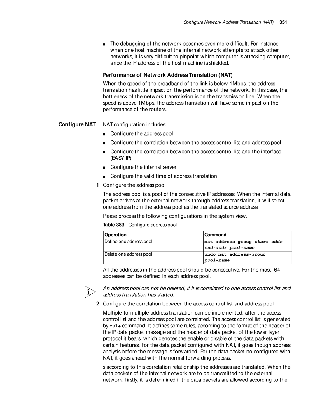 3Com 10014299 manual Performance of Network Address Translation NAT, Configure address pool, End-addr pool-name, Pool-name 