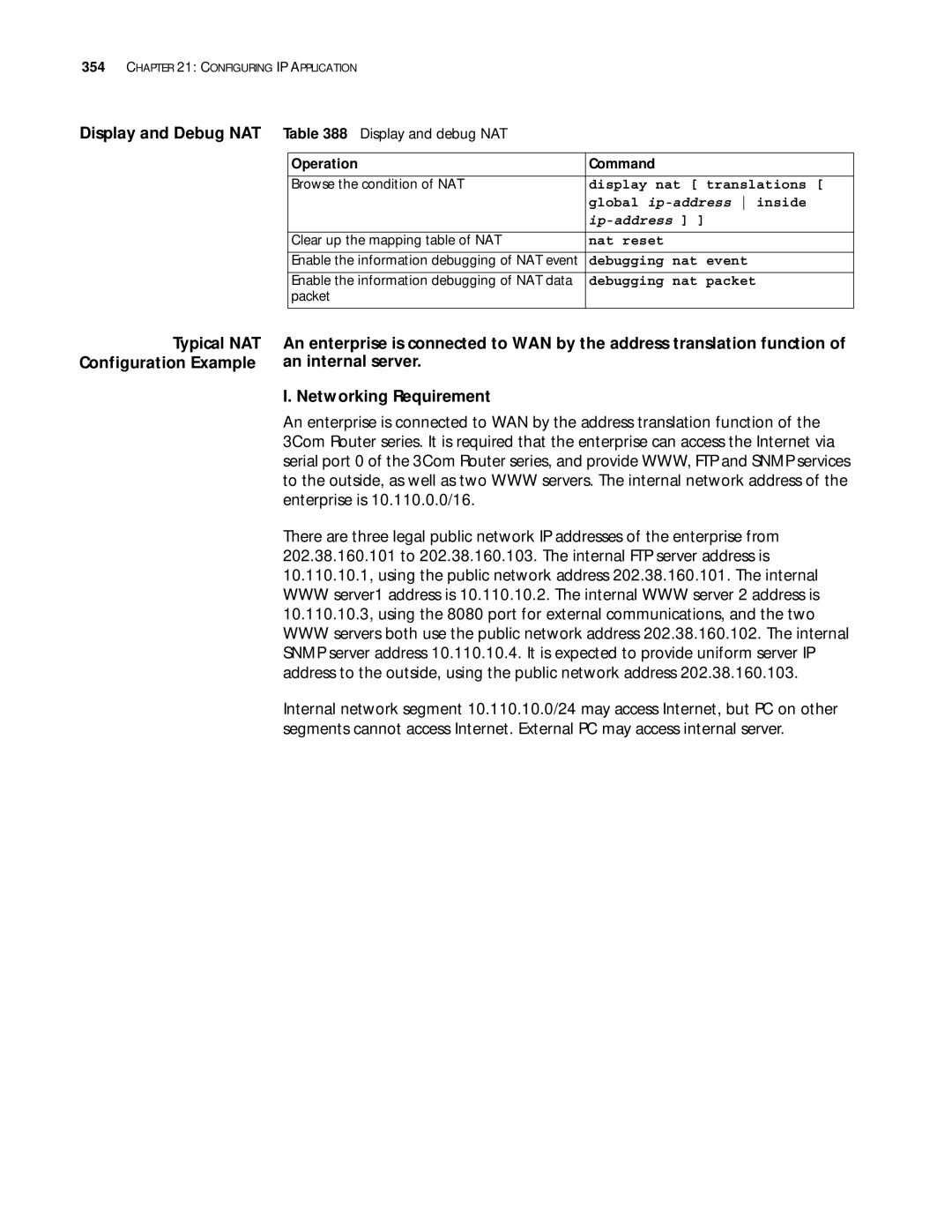 3Com 10014299 manual Display and Debug NAT Display and debug NAT, Typical NAT Configuration Example 