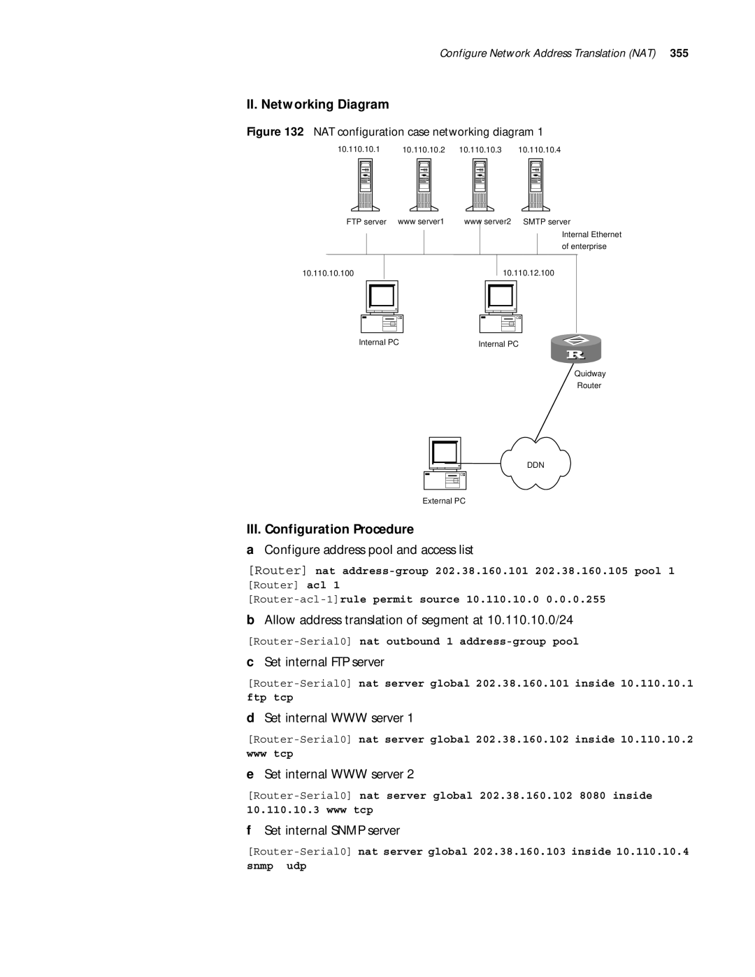 3Com 10014299 manual Configure address pool and access list, Allow address translation of segment at 10.110.10.0/24 