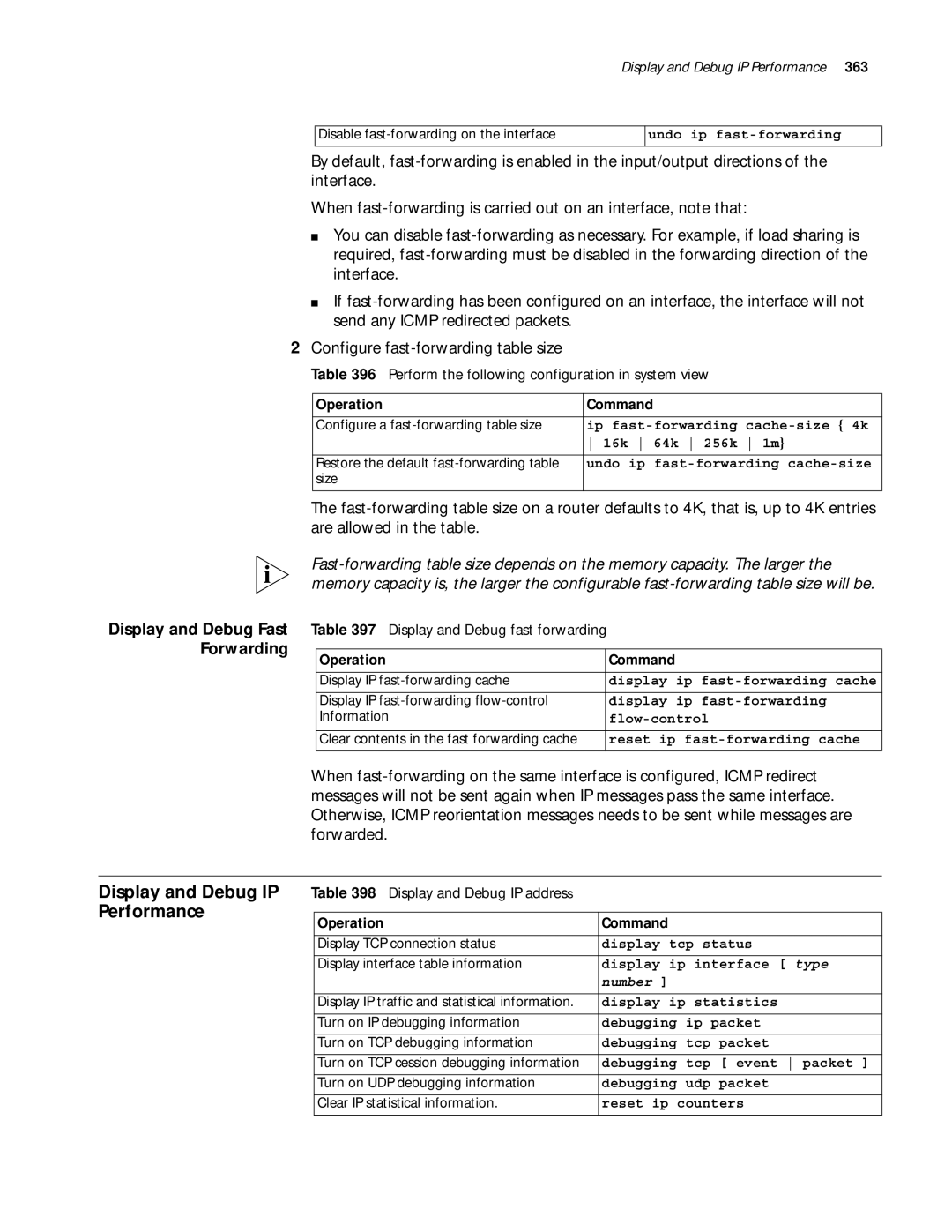 3Com 10014299 manual Display and Debug IP, Forwarding, Perform the following configuration in system view 