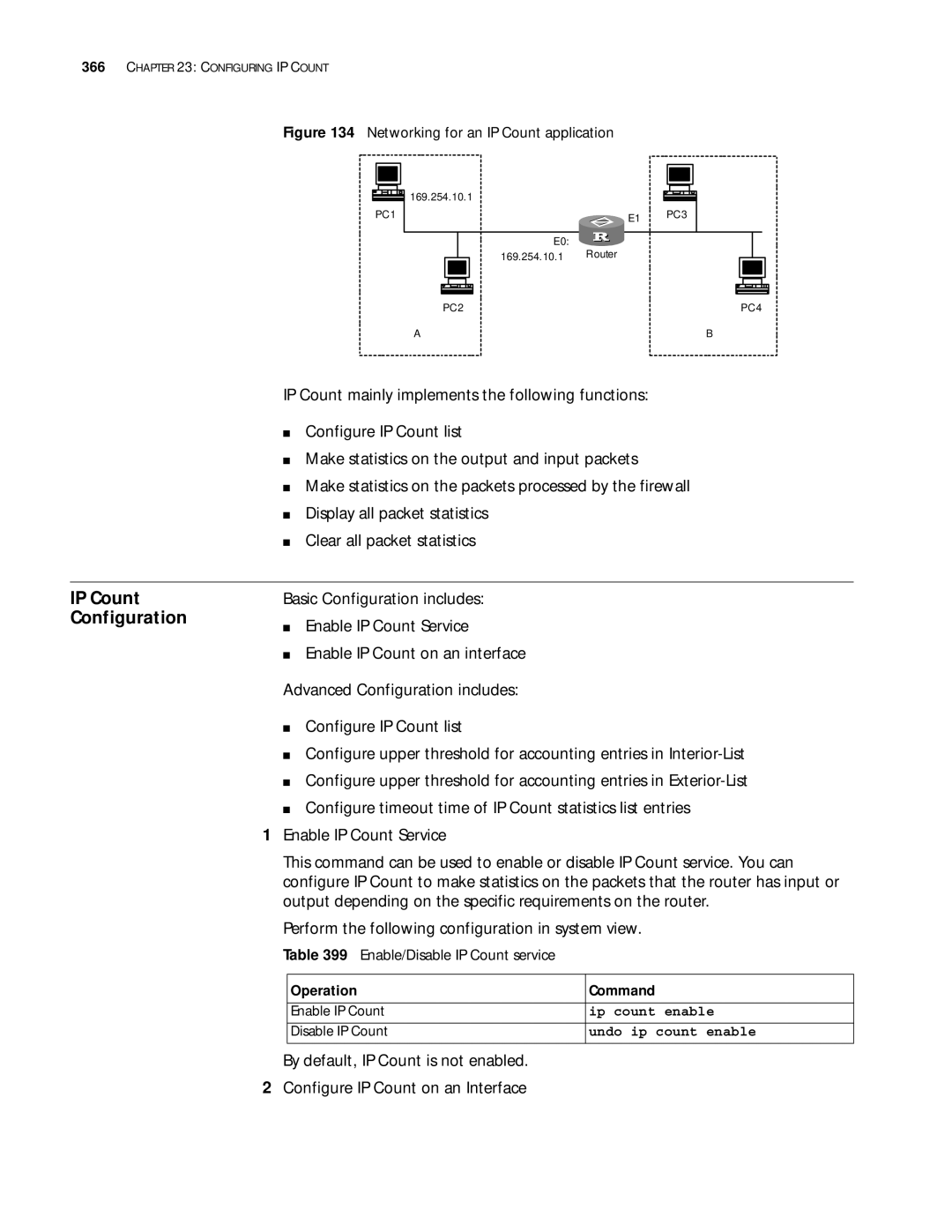 3Com 10014299 manual IP Count Configuration, Enable/Disable IP Count service, Ip count enable, Undo ip count enable 