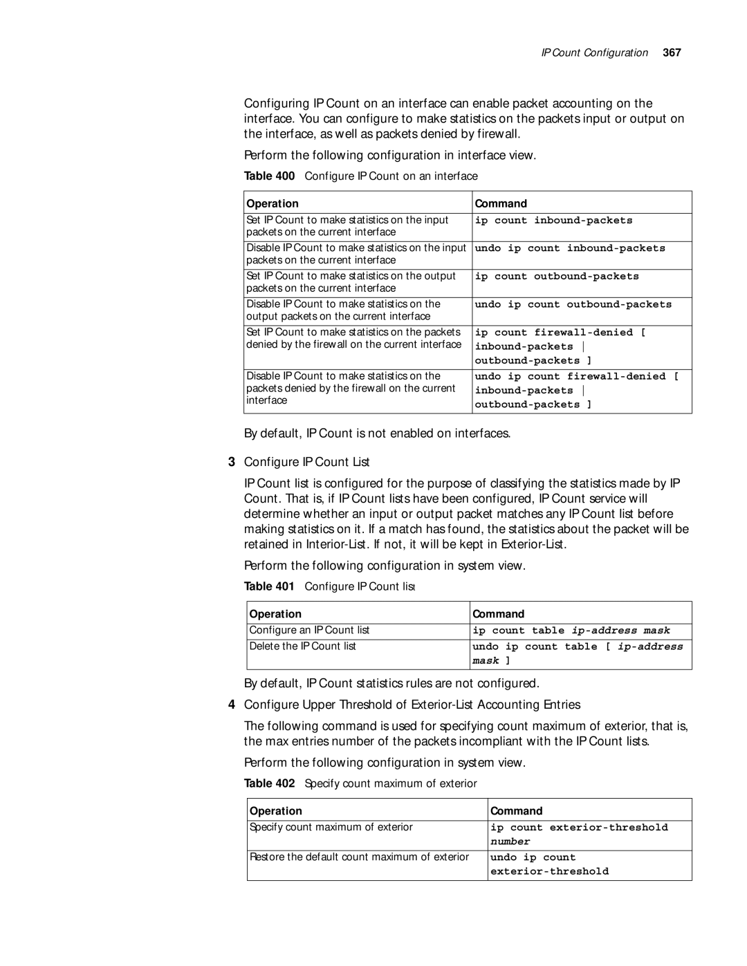 3Com 10014299 manual Configure IP Count on an interface, Configure IP Count list, Specify count maximum of exterior 