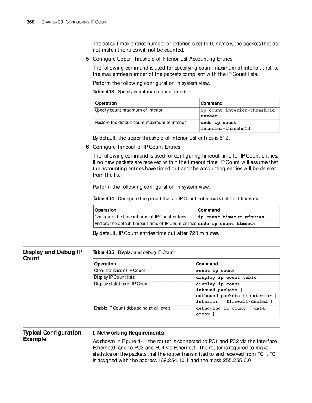 3Com 10014299 manual By default, IP Count entries time out after 720 minutes, Specify count maximum of interior 