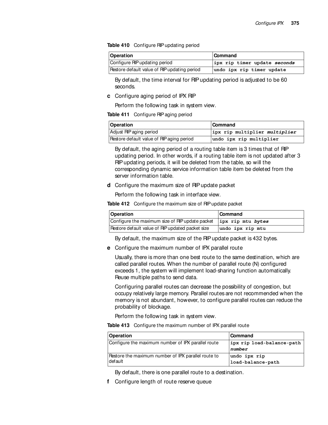 3Com 10014299 Configure RIP updating period, Configure RIP aging period, Configure the maximum size of RIP update packet 