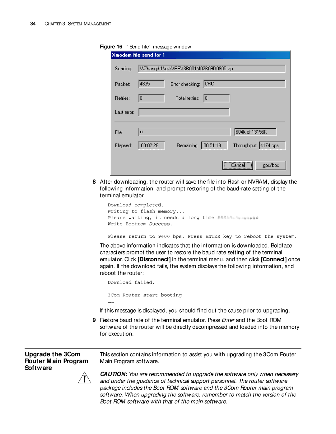 3Com 10014299 manual Upgrade the 3Com, Router Main Program, Software, Main Program software 