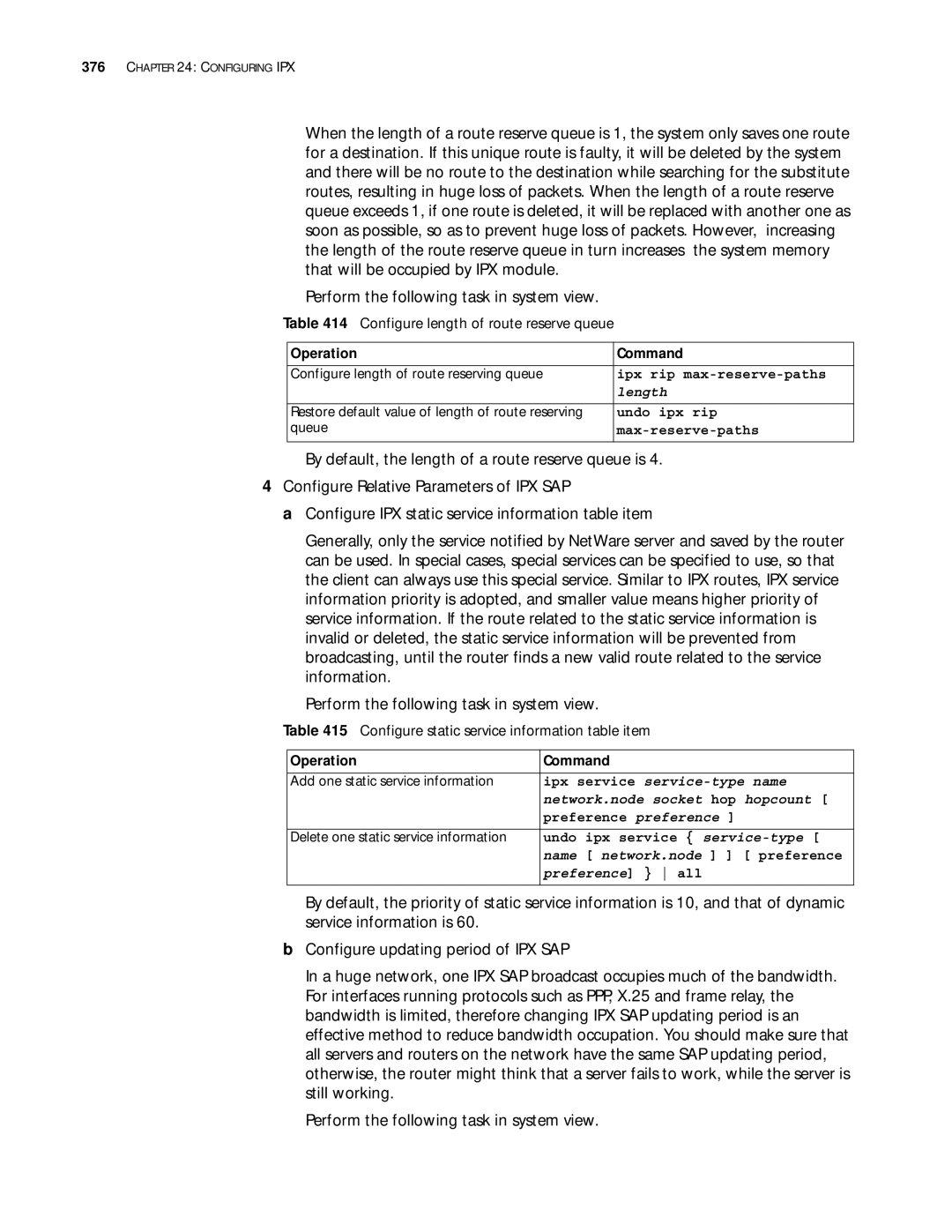 3Com 10014299 manual Configure length of route reserve queue, Configure static service information table item 