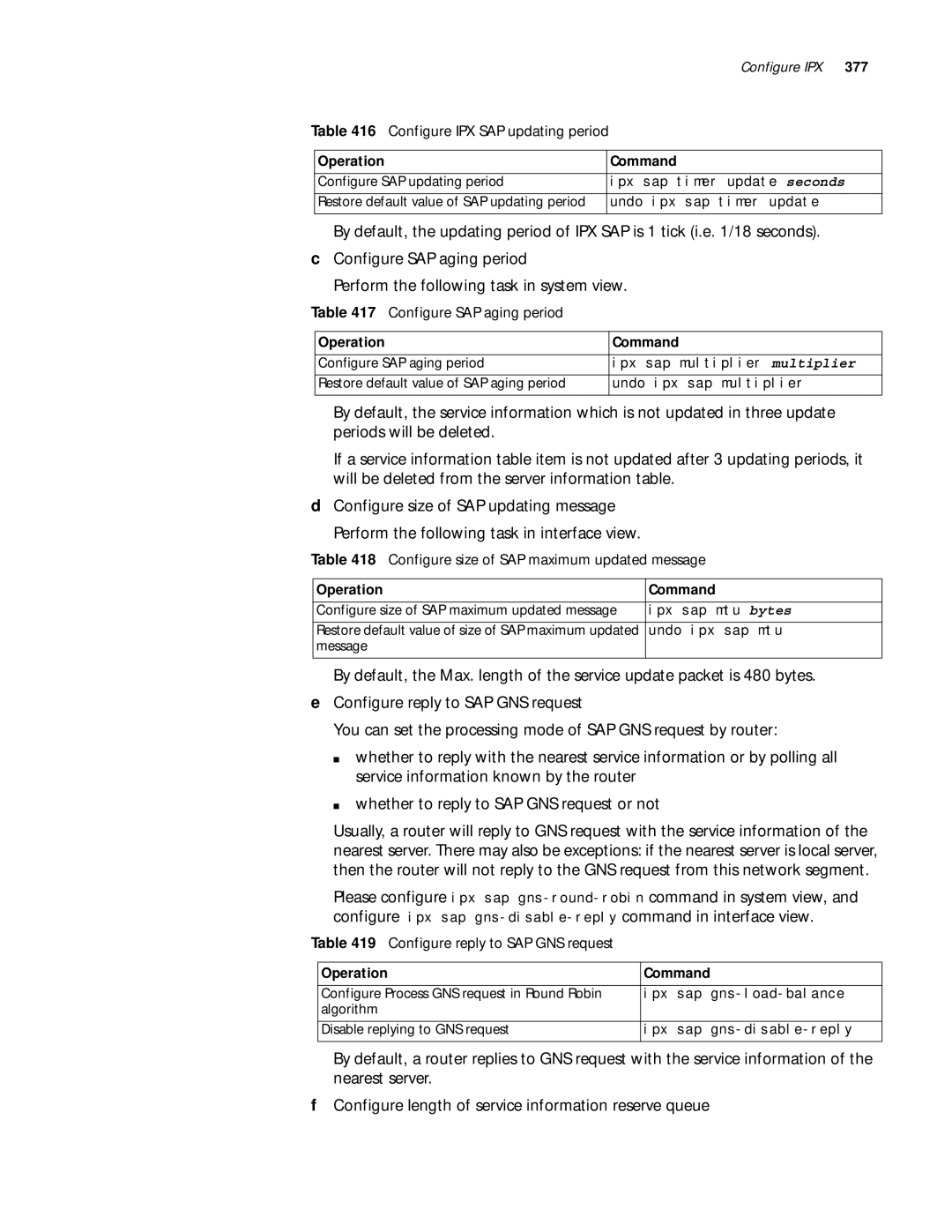 3Com 10014299 Configure SAP aging period, Configure size of SAP maximum updated message, Ipx sap timer update seconds 