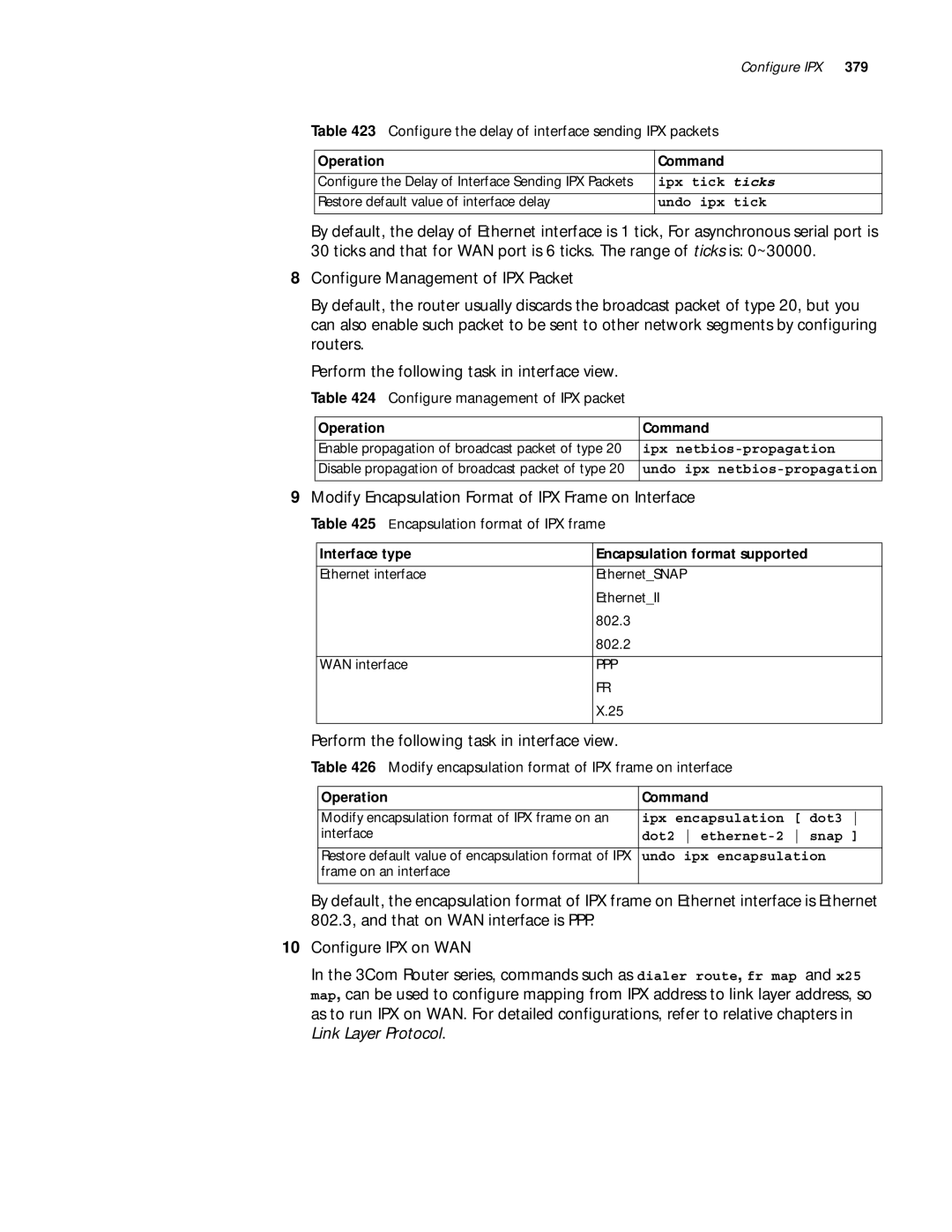 3Com 10014299 Modify Encapsulation Format of IPX Frame on Interface, Configure the delay of interface sending IPX packets 