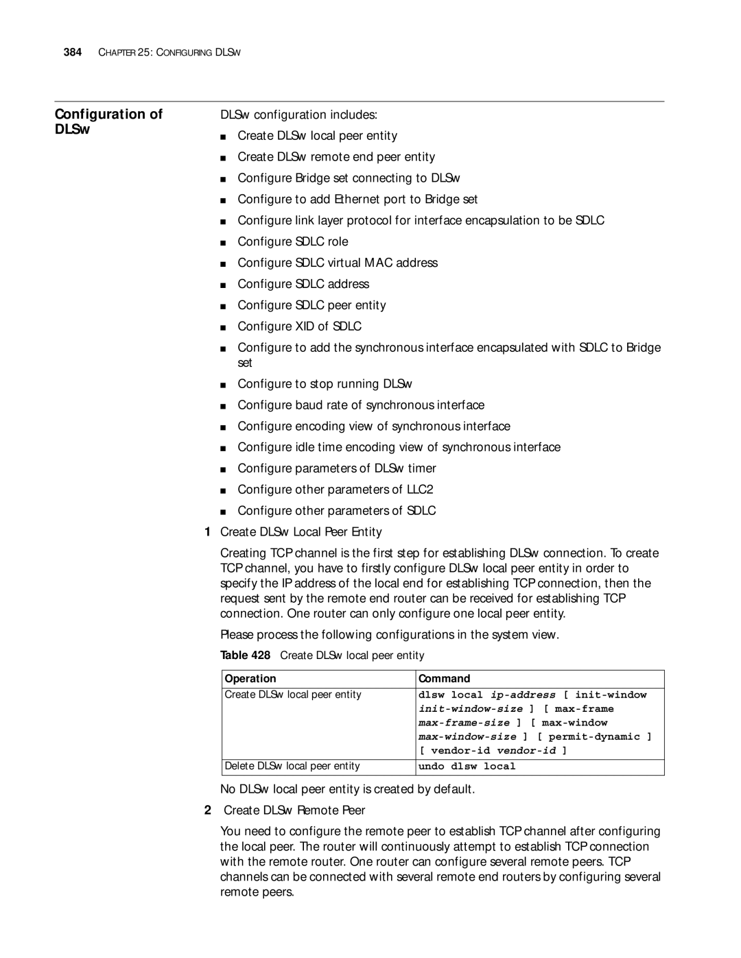 3Com 10014299 Configuration of DLSw, Create DLSw local peer entity, Init-window-size max-frame, Max-frame-size max-window 