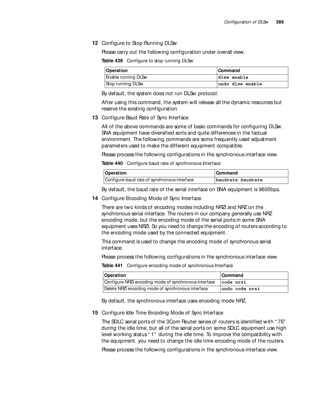 3Com 10014299 manual Configure to stop running DLSw, Configure baud rate of synchronous Interface, Baudrate 