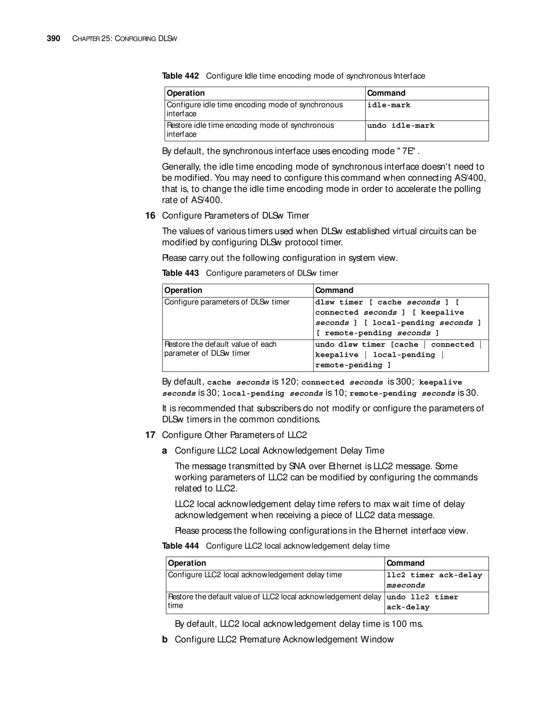 3Com 10014299 Configure Idle time encoding mode of synchronous Interface, Configure parameters of DLSw timer, Mseconds 