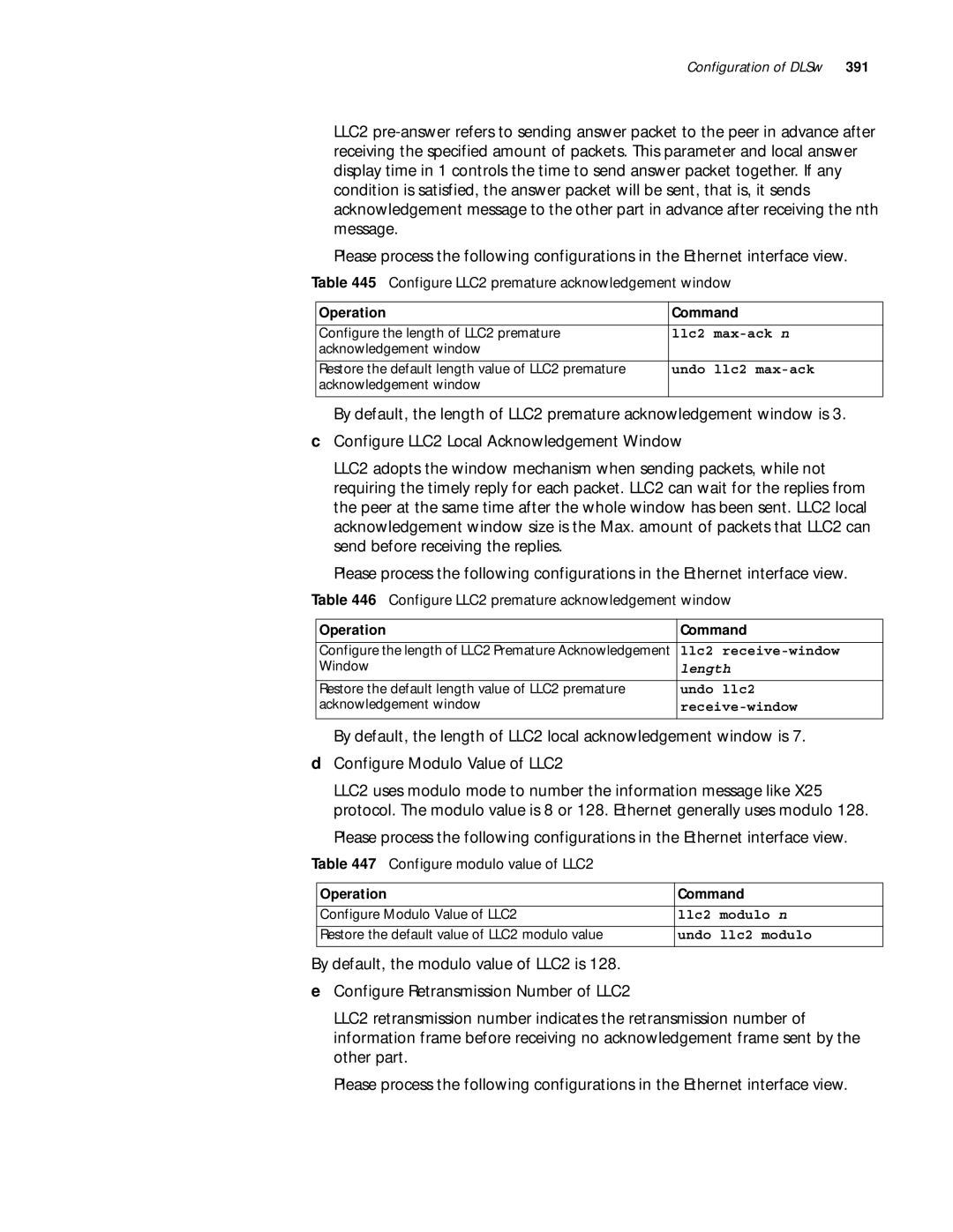 3Com 10014299 manual Configure LLC2 premature acknowledgement window, Configure modulo value of LLC2 