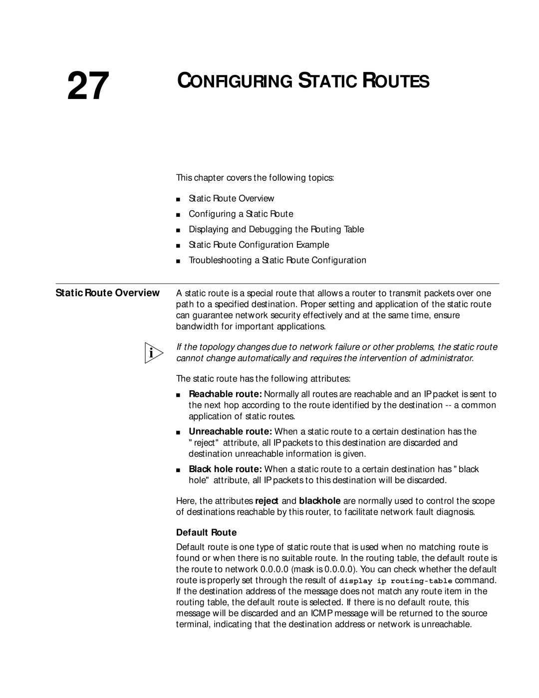 3Com 10014299 manual Configuring Static Routes, Default Route 