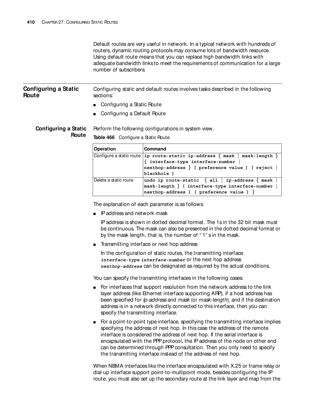 3Com 10014299 manual Configuring a Static Route, Transmitting interface or next hop address, Configure a Static Route 