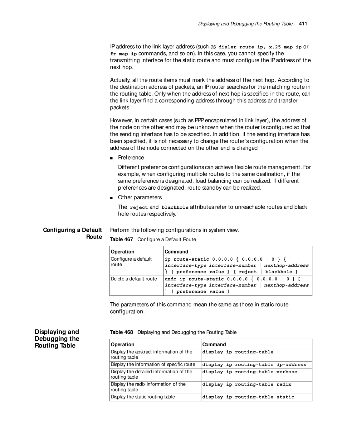 3Com 10014299 manual Displaying Debugging Routing Table, Preference, Other parameters, Configuring a Default Route 