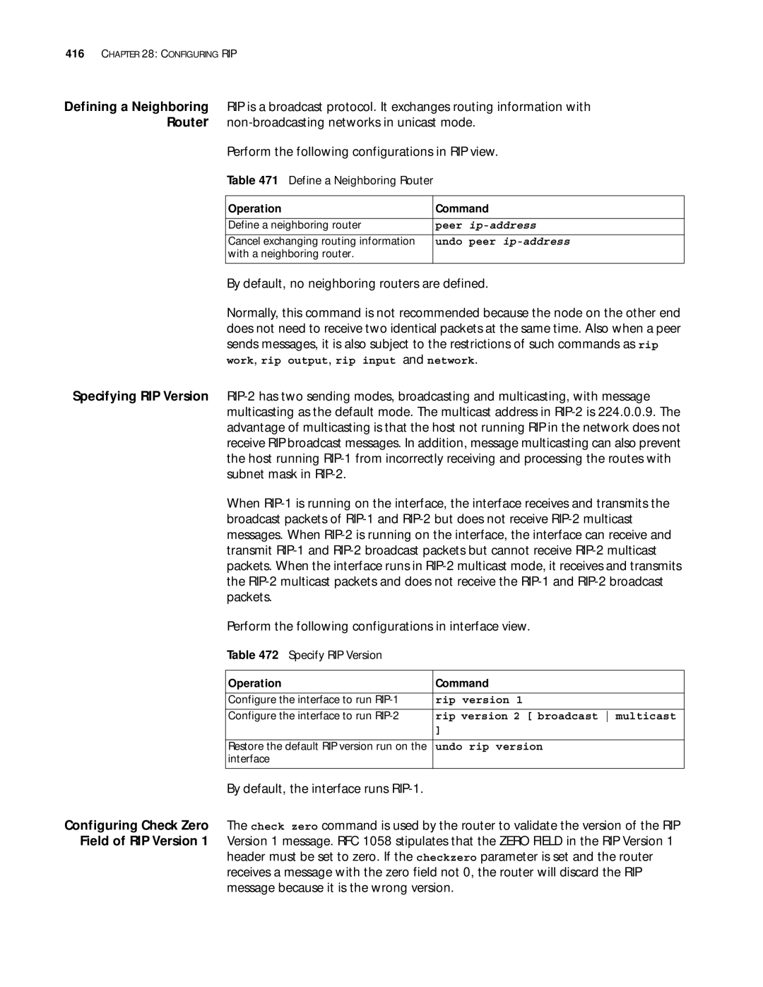 3Com 10014299 By default, the interface runs RIP-1, Define a Neighboring Router, Specify RIP Version, Peer ip-address 