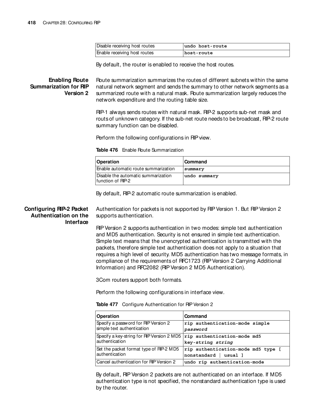 3Com 10014299 manual Enabling Route, Summarization for RIP, Version, Authentication on 