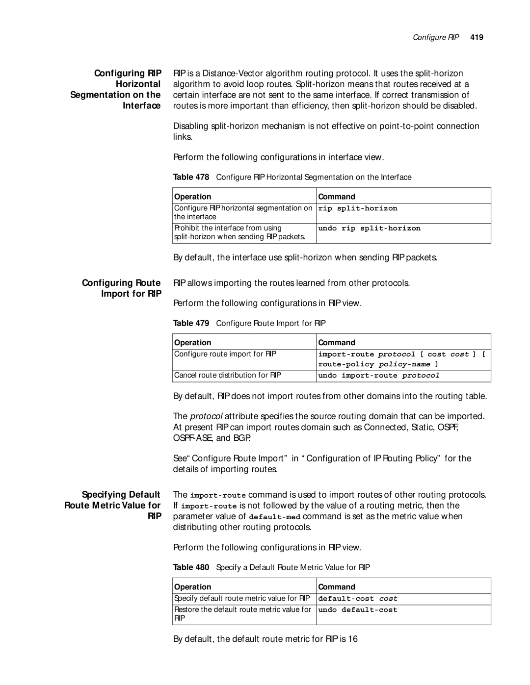 3Com 10014299 manual By default, the default route metric for RIP is, Configure Route Import for RIP 