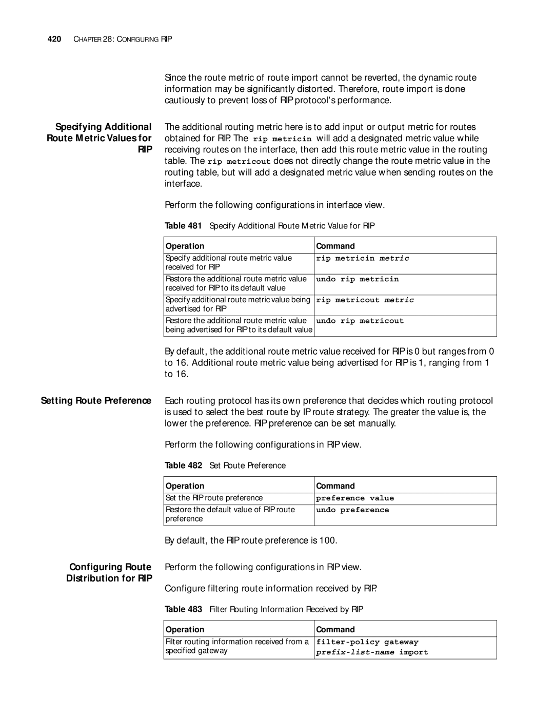 3Com 10014299 manual Distribution for RIP, Configure filtering route information received by RIP, Set Route Preference 