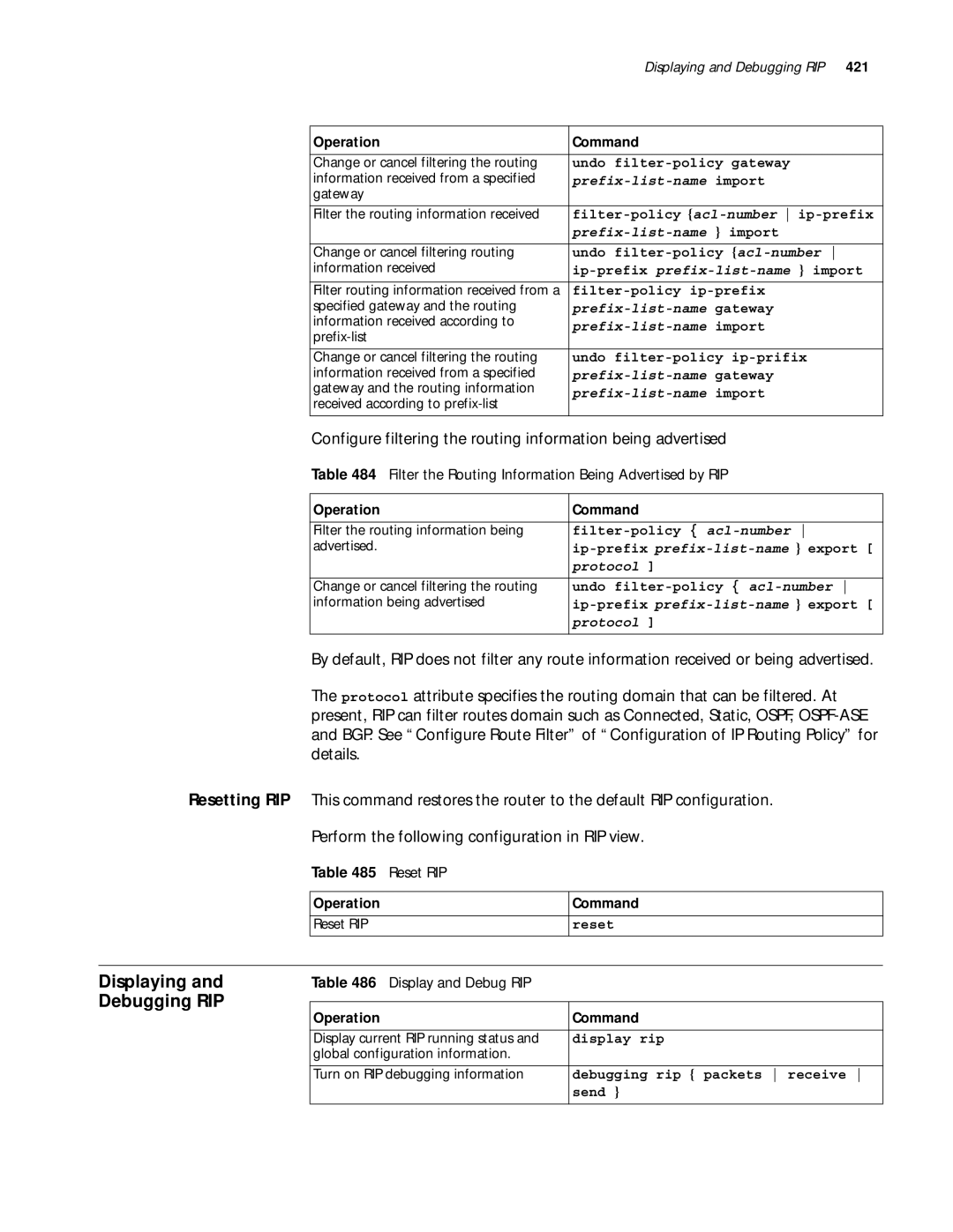 3Com 10014299 manual Displaying and Debugging RIP, Filter the Routing Information Being Advertised by RIP, Reset RIP 