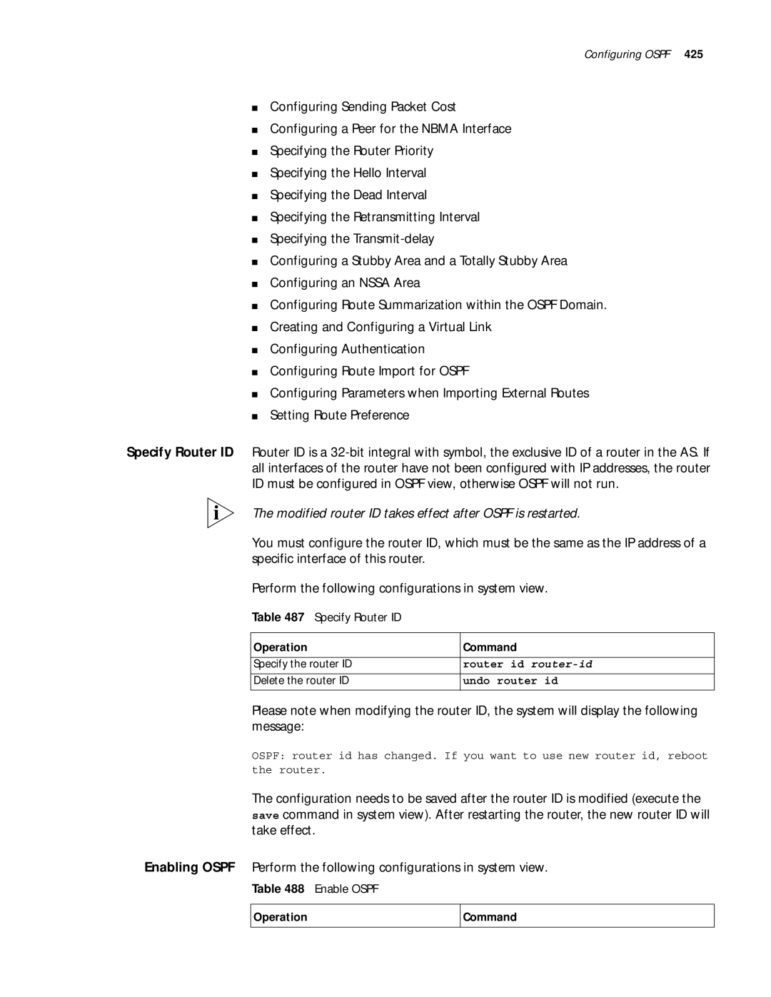 3Com 10014299 manual Specify Router ID, Enable Ospf, Router id router-id, Undo router id 