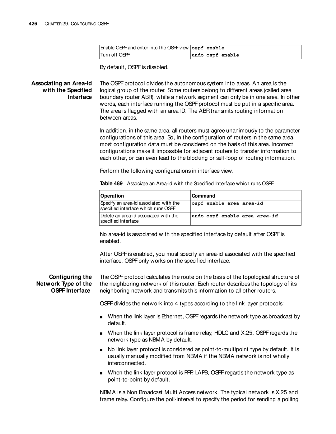 3Com 10014299 manual By default, Ospf is disabled, Area-id, Area area-id 