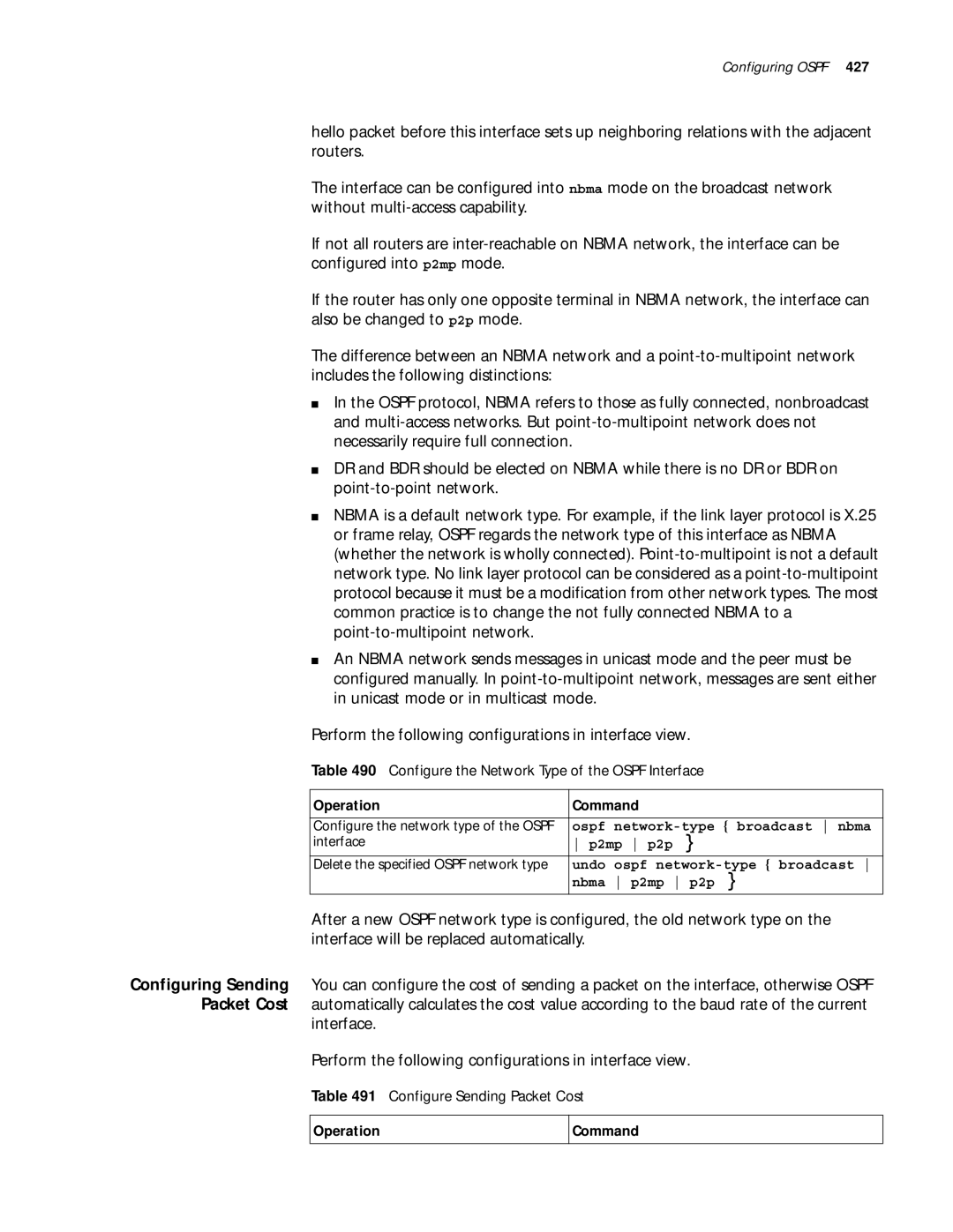 3Com 10014299 manual Configure the Network Type of the Ospf Interface, Configure Sending Packet Cost, P2mp P2p 