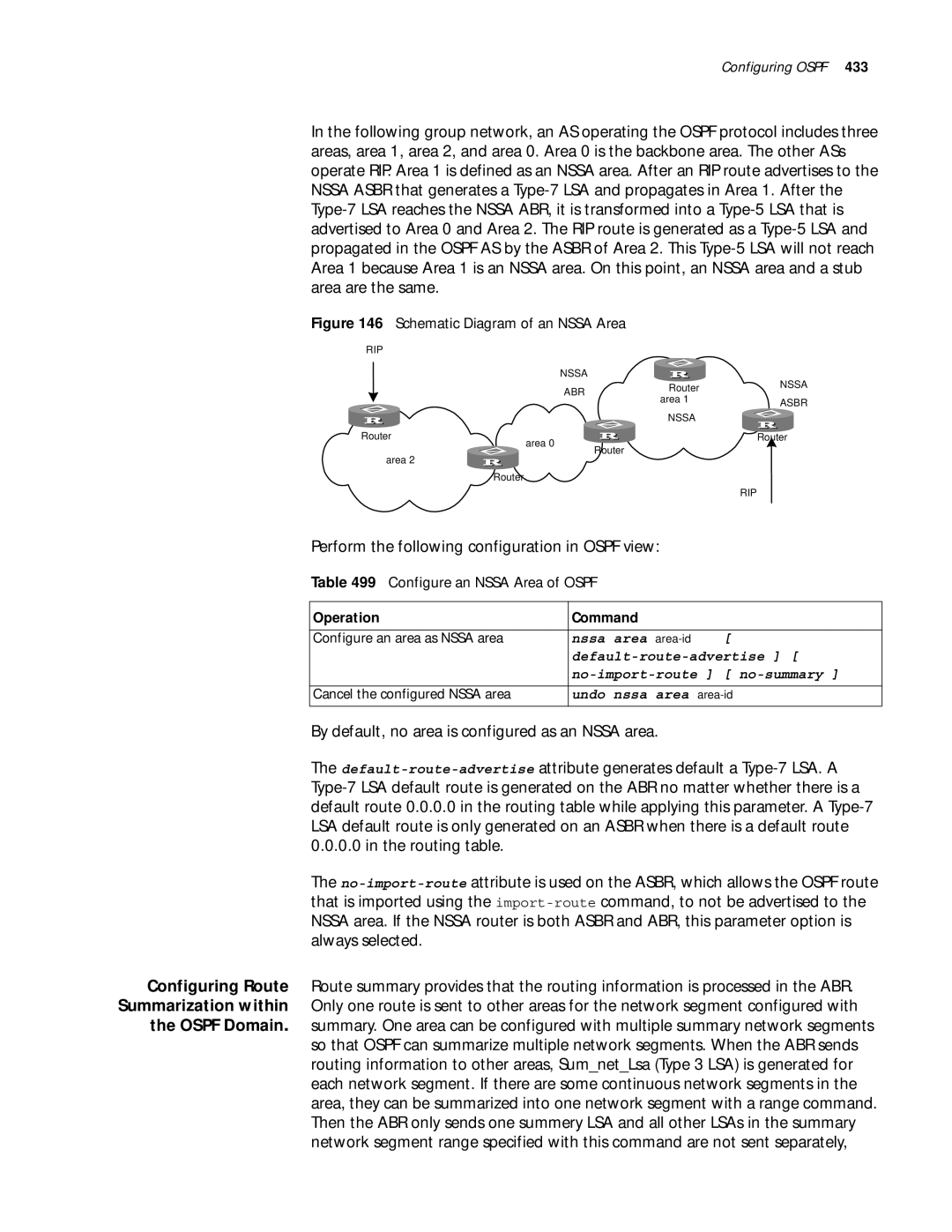 3Com 10014299 manual Perform the following configuration in Ospf view, Configure an Nssa Area of Ospf 