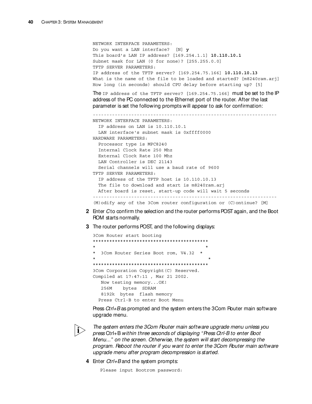 3Com 10014299 manual Enter Ctrl+B and the system prompts, Network Interface Parameters 