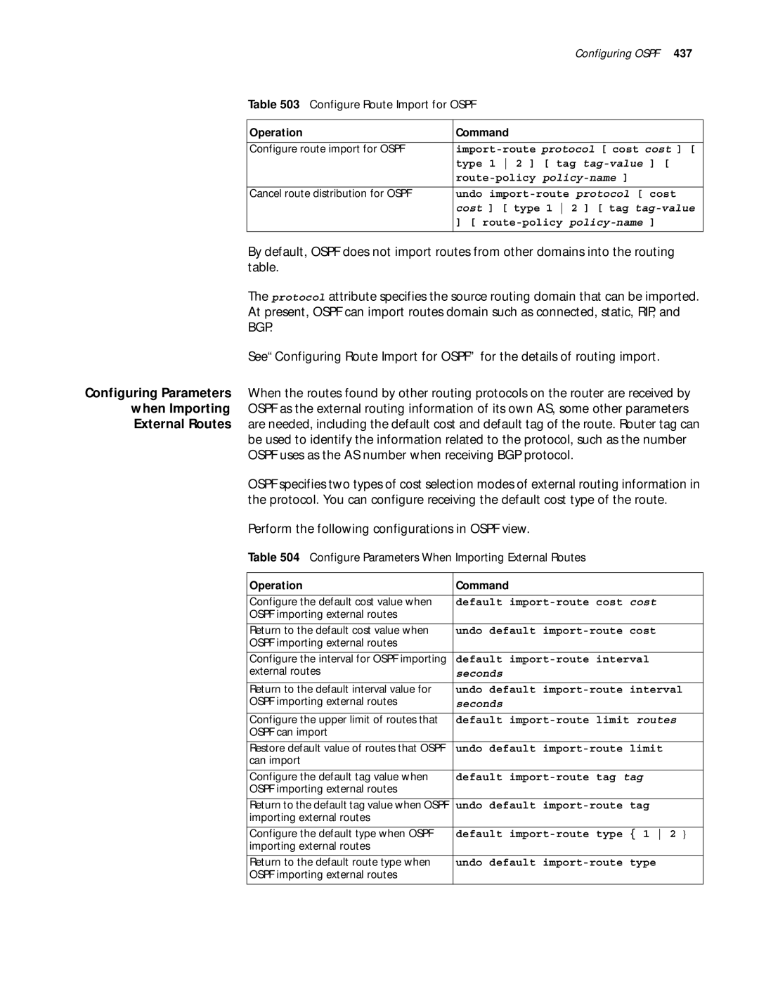 3Com 10014299 manual Configure Route Import for Ospf, Configure Parameters When Importing External Routes 