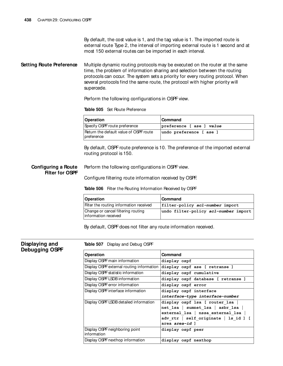 3Com 10014299 manual Displaying, Debugging Ospf, Filter for Ospf, Configure filtering route information received by Ospf 