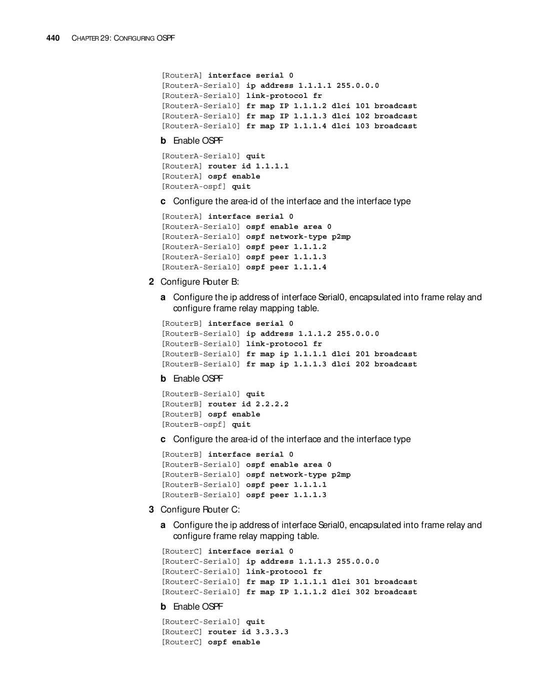 3Com 10014299 manual Enable Ospf, RouterA-Serial0ospf network-type p2mp, RouterB-Serial0ospf network-type p2mp 