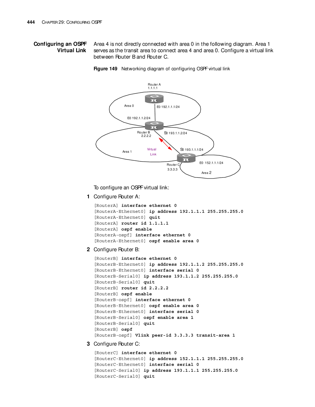 3Com 10014299 manual Between Router B and Router C, To configure an Ospf virtual link Configure Router a 