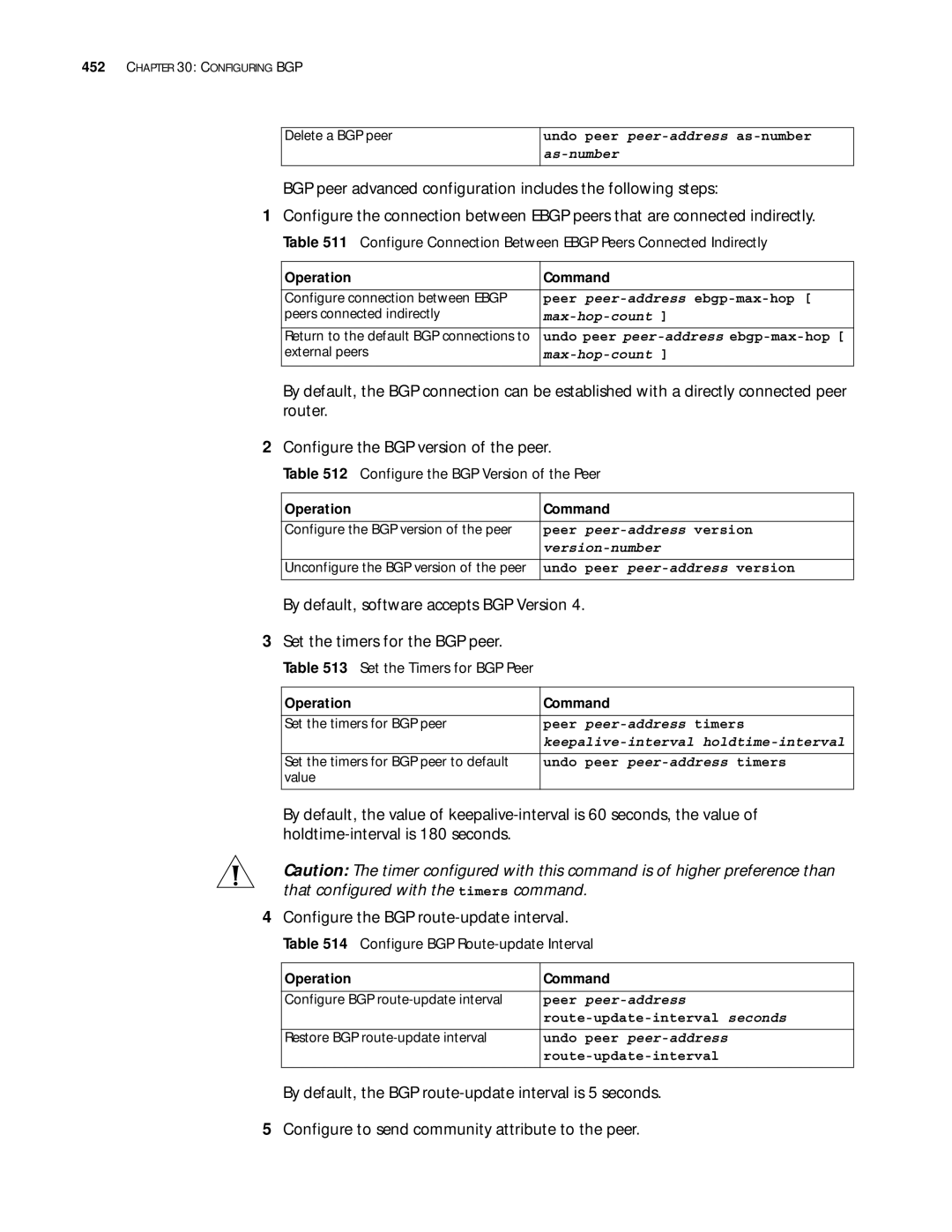 3Com 10014299 Configure the BGP Version of the Peer, Set the Timers for BGP Peer, Configure BGP Route-update Interval 